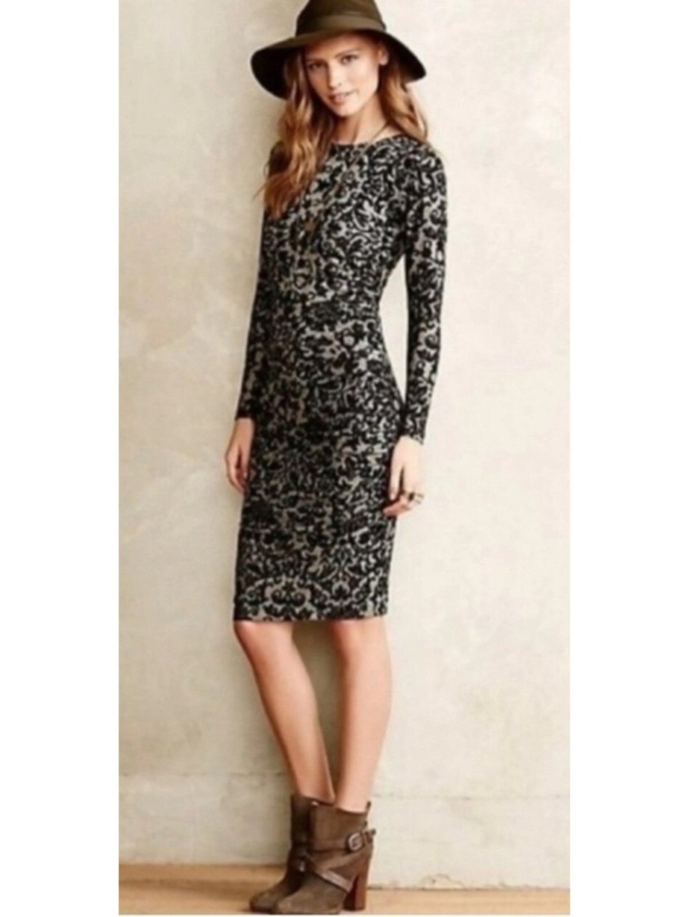 Ganni Anthropologie Monica Dress Women’s M Black Gray Ruched Sheath Knee Length